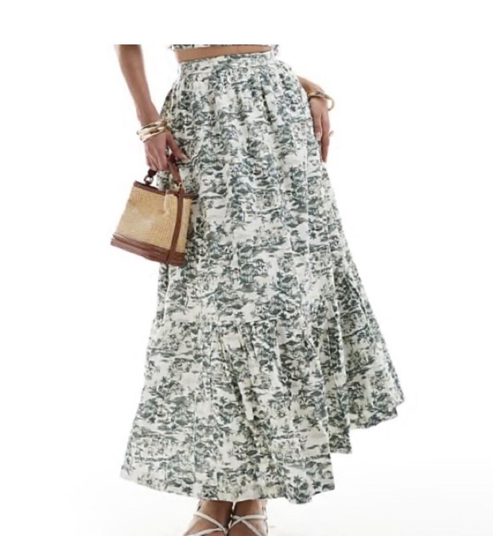Abercrombie & Fitch Linen Floral Toile Maxi Skirt XL Pull On Zip Resort Pockets